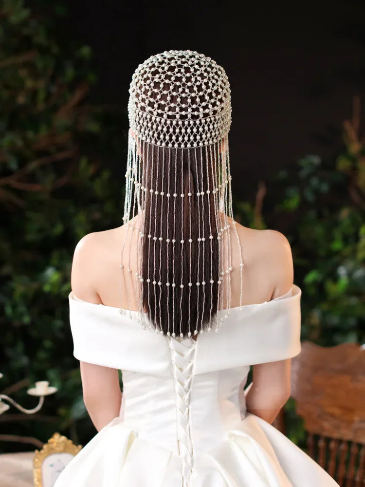 Handmade hollowed out headpiece performance pearl tassel hat - Korvel