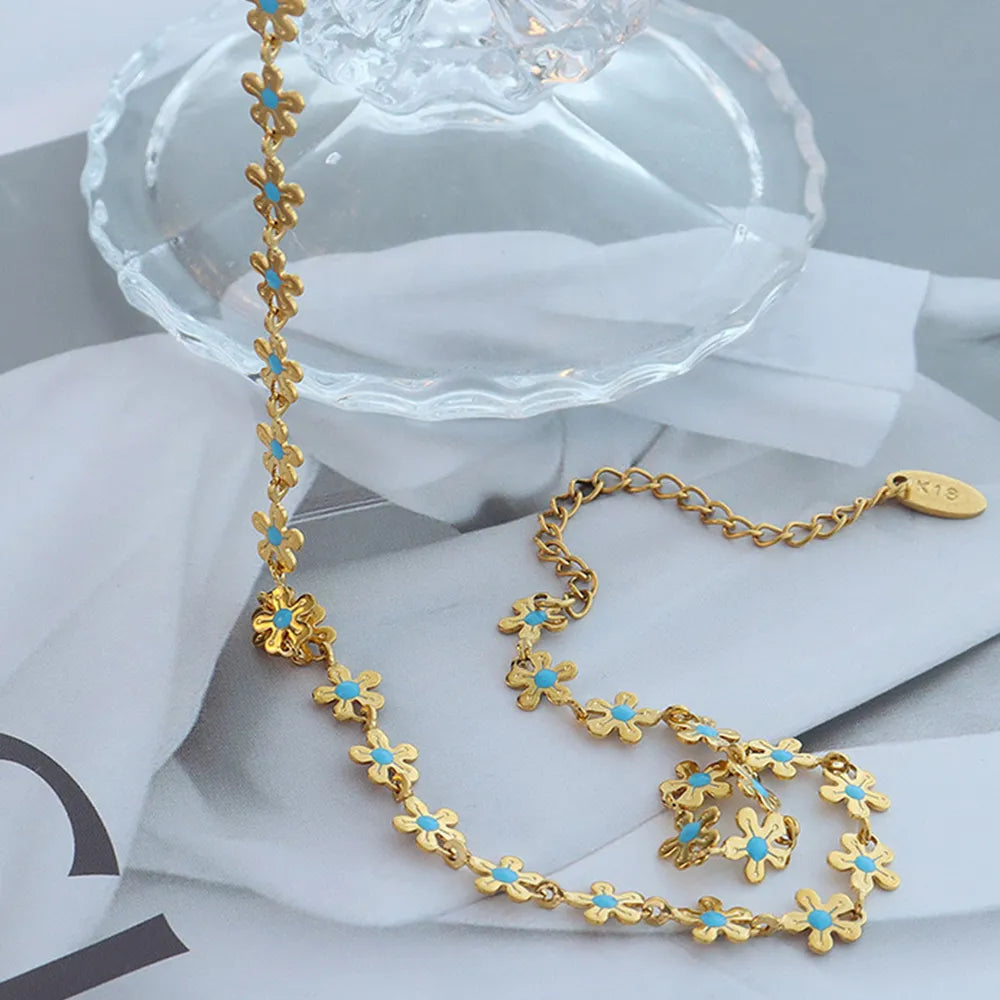 Flower blue drip oil niche light luxury necklace - Korvel
