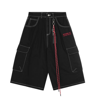 High Street American Style Workwear Cargo Shorts for Men with Topstitching Design and Metal Accessories, Multi-Pocket Denim Shorts - Korvel