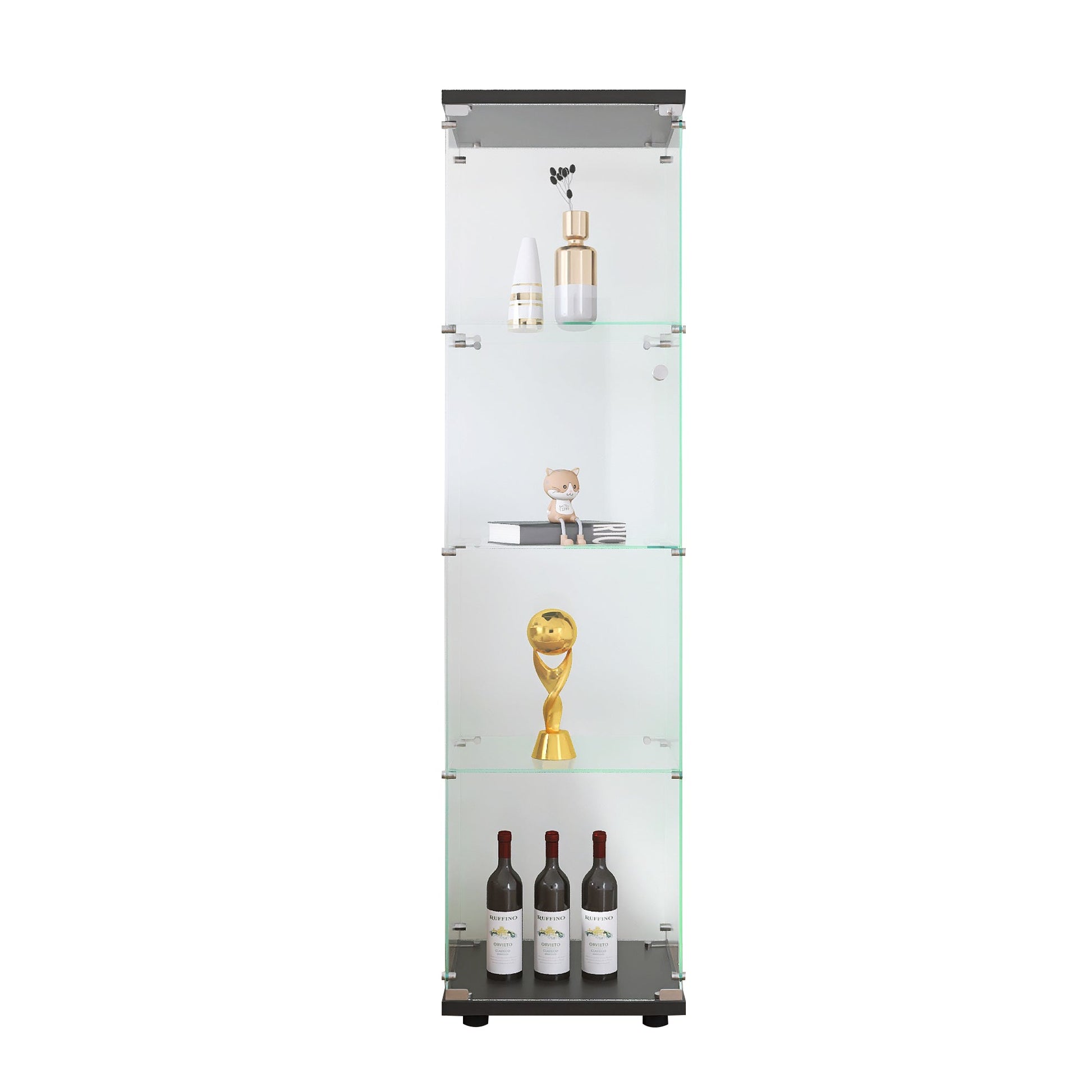 4 glass display cabinets with door shelves, floor standing antique bookshelf, 64.7 "* 16.7" * 14.3 ", black - Korvel