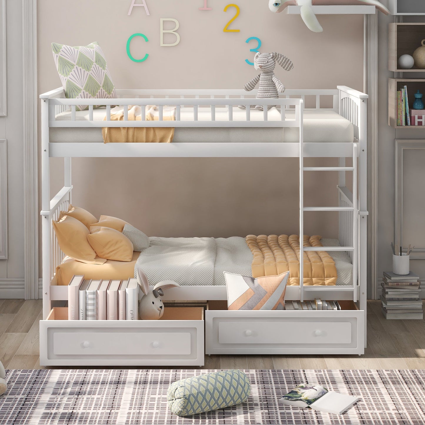 Cama litera de dos camas individuales con cajones - Blanca convertible
