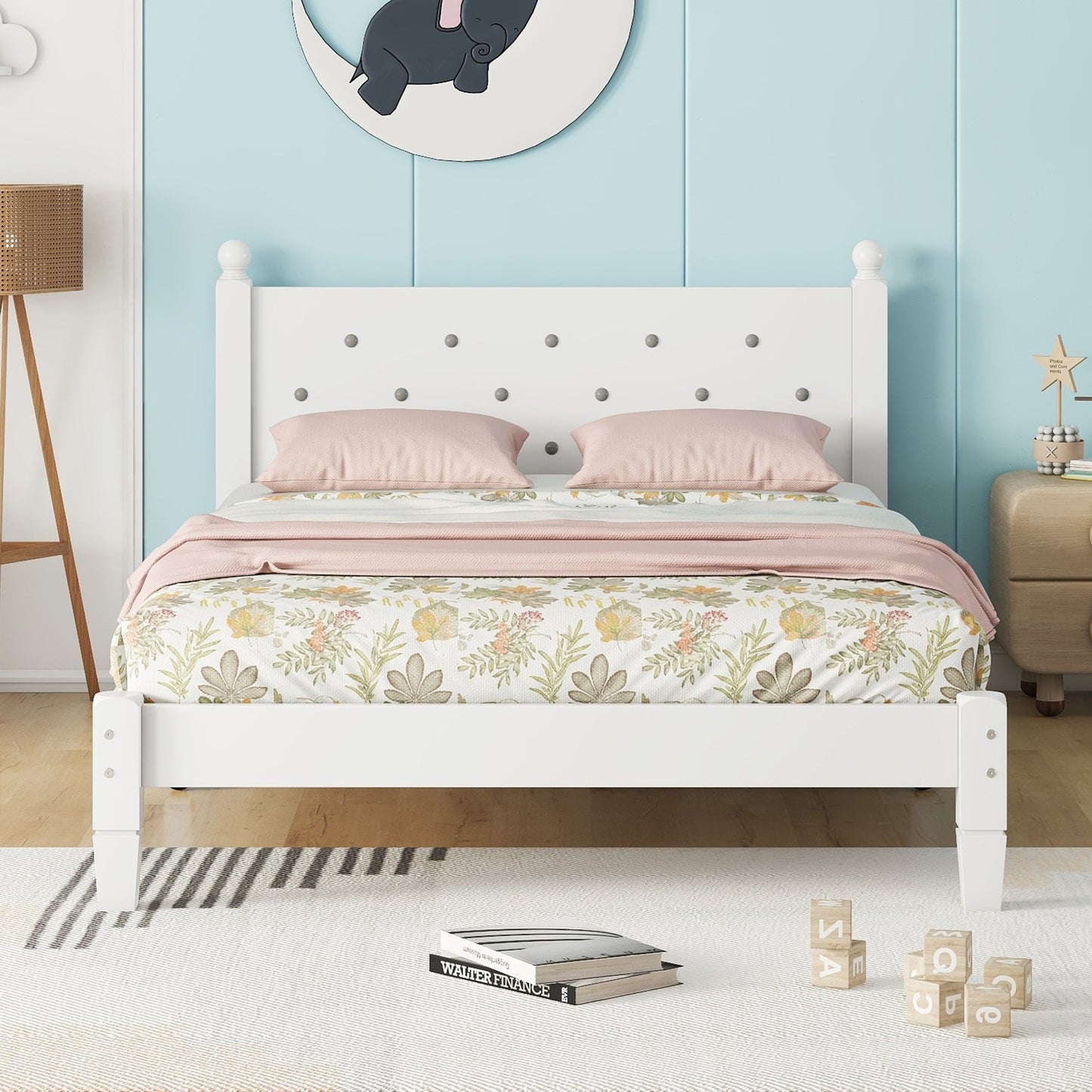 Twin Bed with Button-Decoration Headboard, with Bed Slats,White - Korvel