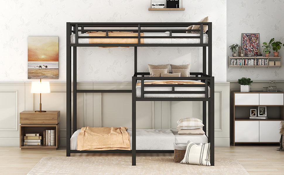 L-shaped Metal Triple Twin Size Bunk Bed, Black - Korvel