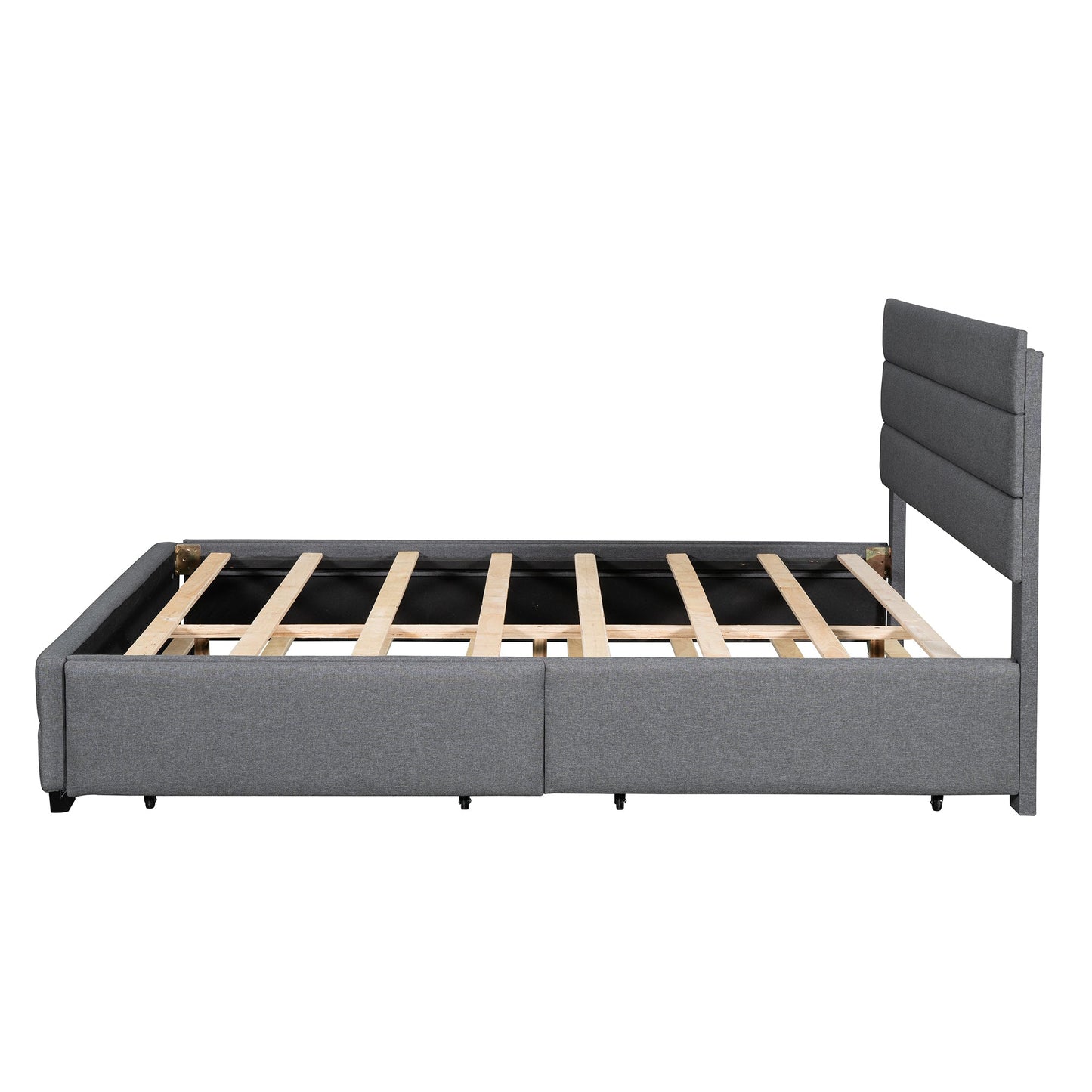 Queen Upholstered Platform Bed with Twin Size Trundle and Two Drawers Grey - Korvel