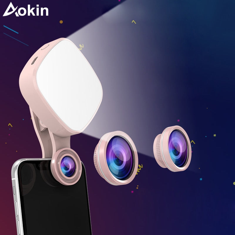 Selfie Ring Light with HD 3 in 1 Fisheye Wide Angle Macro Lens Flash Led Camera Phone Photography for iPhone Samsung Lens - Korvel
