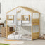 Twin over Twin House Bunk Bed with Roof , Window, Window Box, Door , with Safety Guardrails and Ladder, Natural/White - Korvel