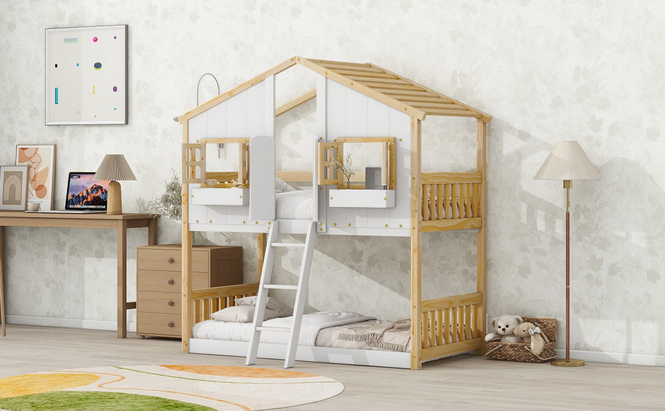 Twin over Twin House Bunk Bed with Roof , Window, Window Box, Door , with Safety Guardrails and Ladder, Natural/White - Korvel