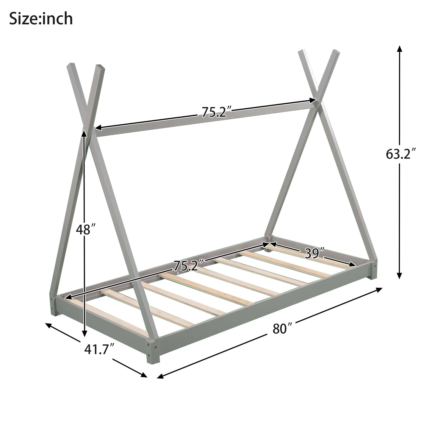 Twin Size House Platform Bed with Triangle Structure Gray - Korvel