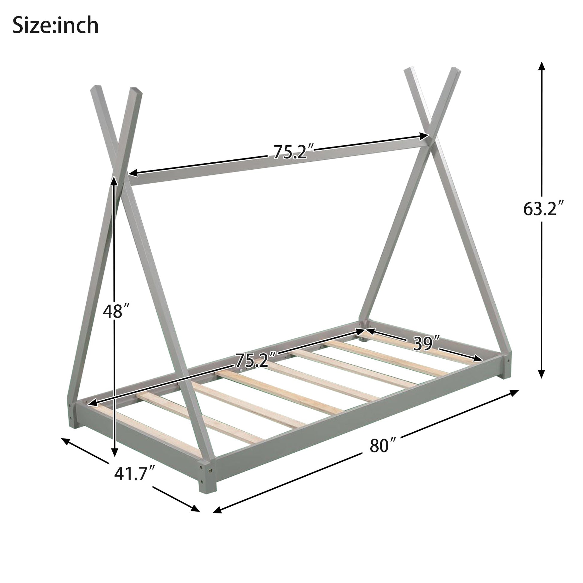 Twin Size House Platform Bed with Triangle Structure Gray - Korvel
