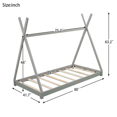 Twin Size House Platform Bed with Triangle Structure Gray - Korvel
