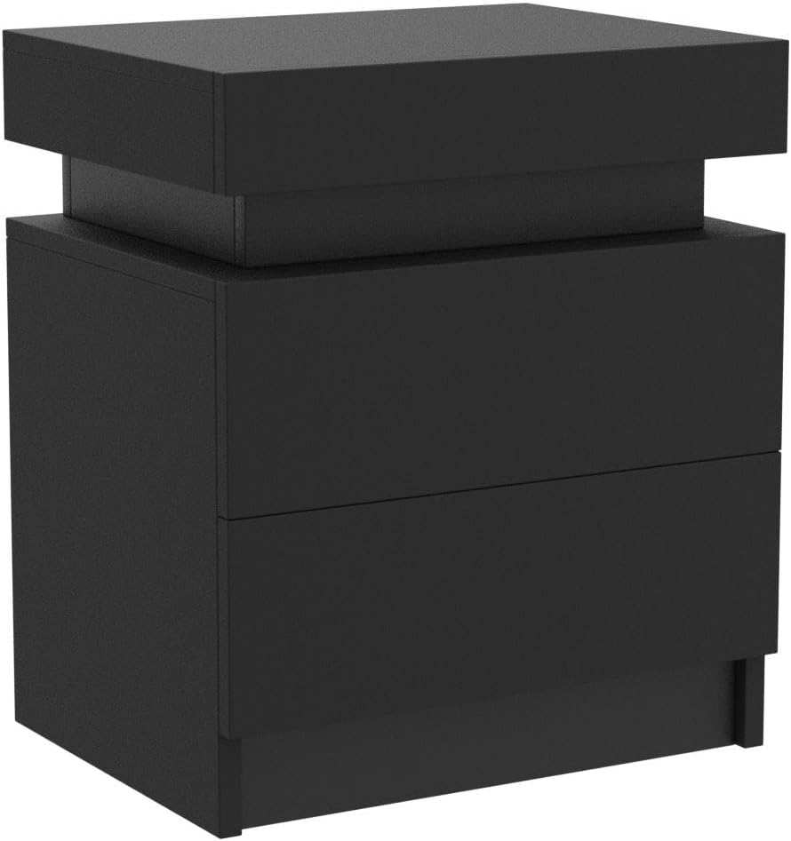 Modern Black LED Nightstand with Led Lights Bedside table with 2 High Gloss Drawers for Bedroom - Korvel