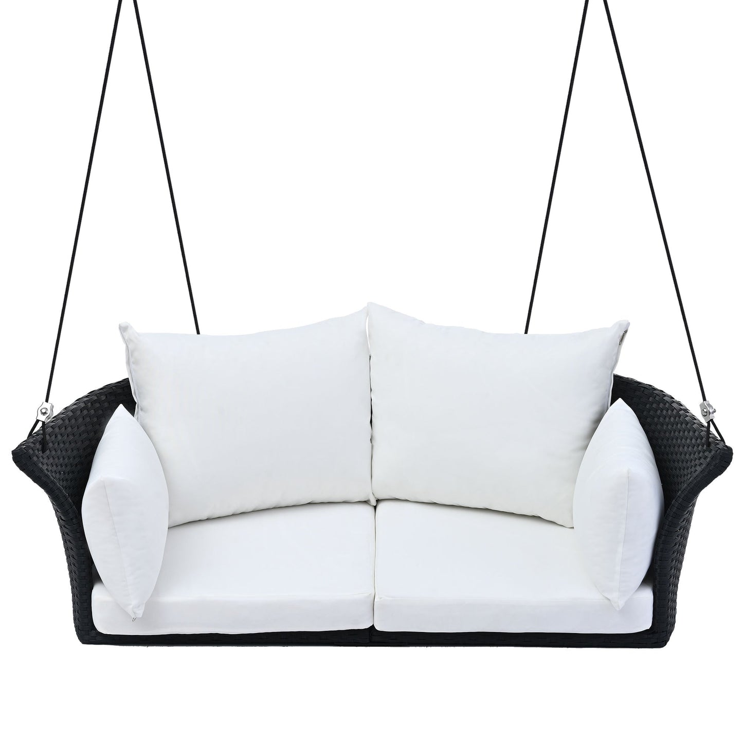 GO 51.9" 2-Person Hanging Seat, Rattan Woven Swing Chair, Porch Swing With Ropes, Black Wicker And White Cushion - Korvel