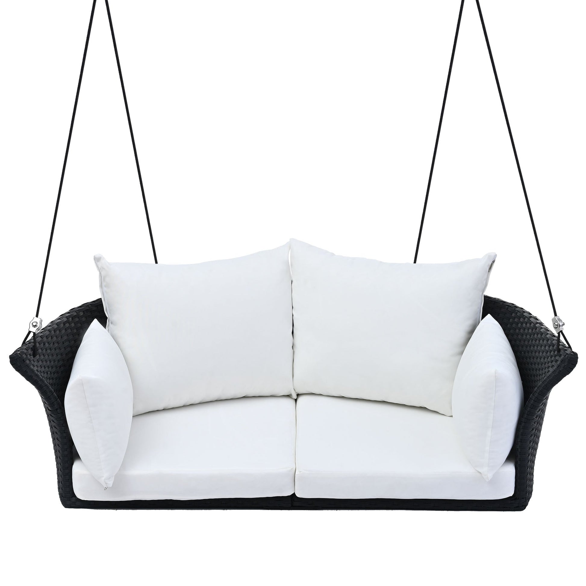 GO 51.9" 2-Person Hanging Seat, Rattan Woven Swing Chair, Porch Swing With Ropes, Black Wicker And White Cushion - Korvel