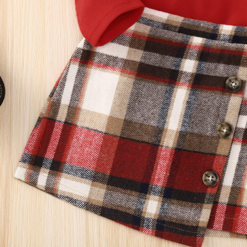 Red Long Sleeved Mid Autumn Children's Autumn Dress Tartan Suit - Korvel
