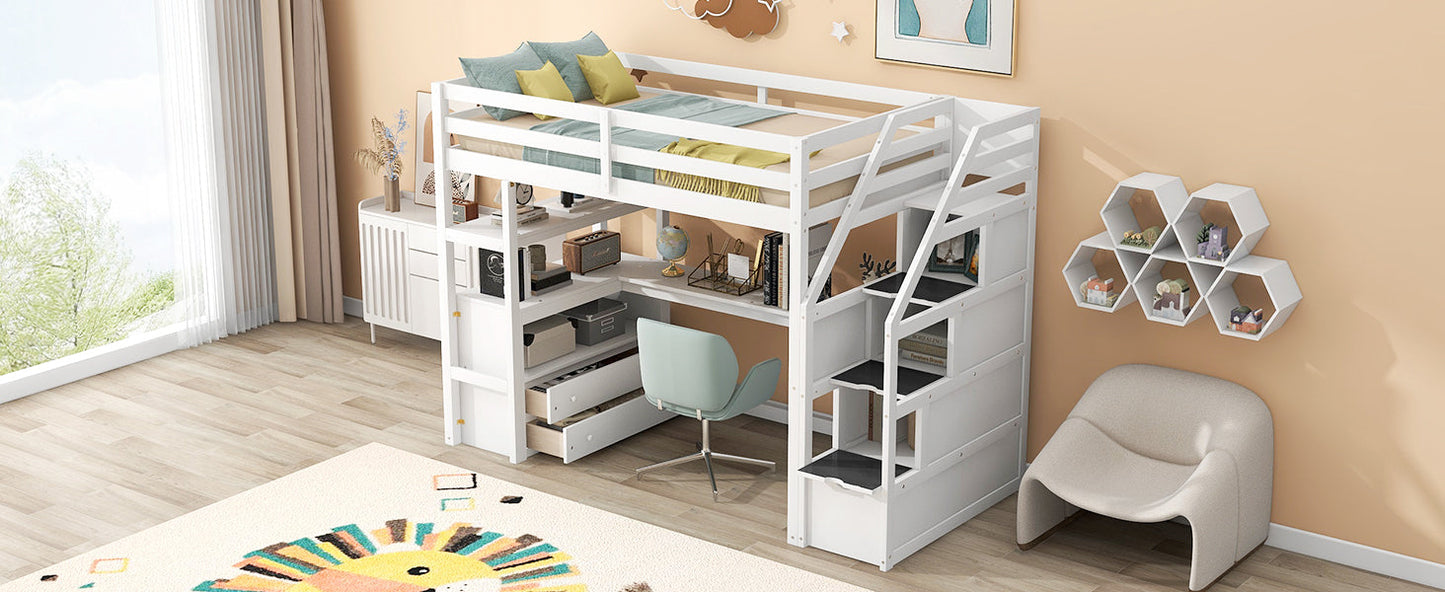 Twin Size Loft Bed with Desk and Shelves  Two Built-in Drawers  Storage Staircase White - Korvel