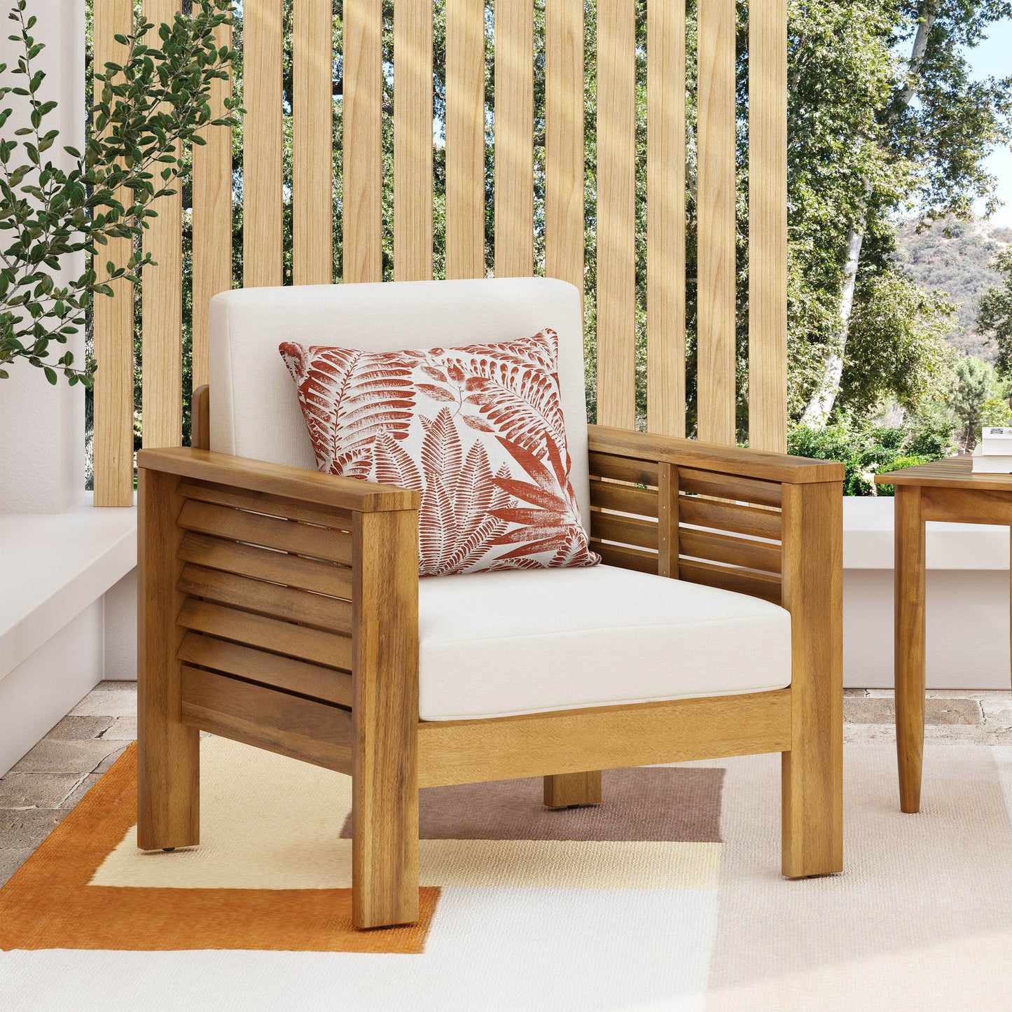 Outdoor Acacia Wood Club Chairs with Cushions, Teak+Beige, 27.75"D x 32"W x 27.75"H - Korvel