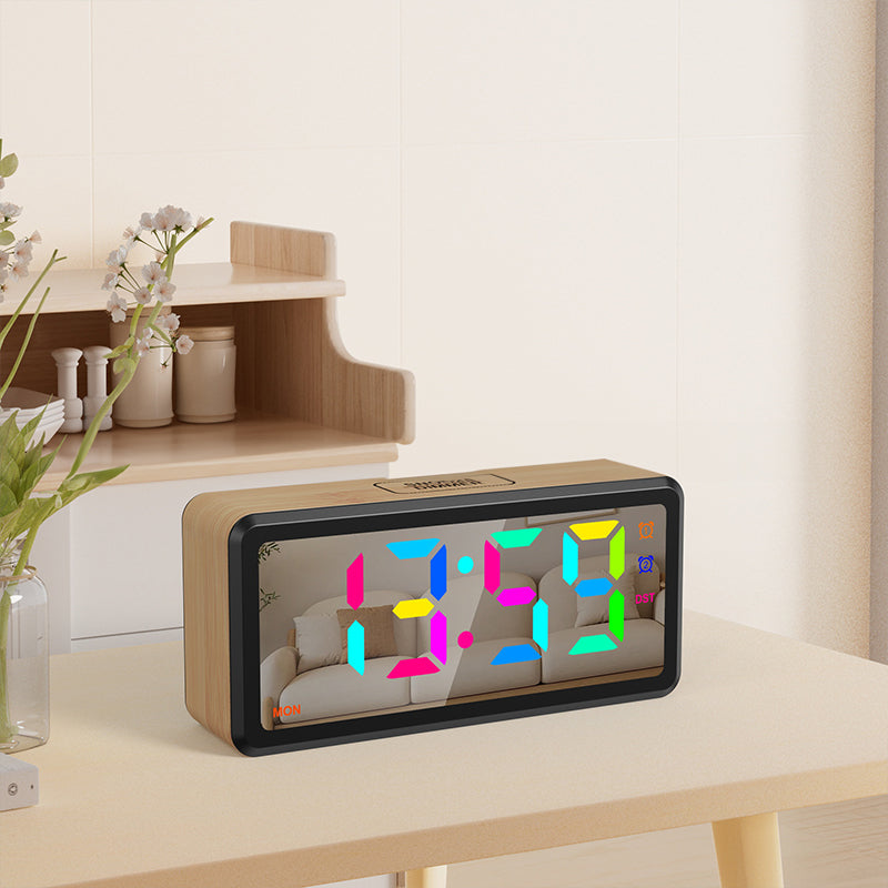 LED Wood-Grain Alarm Clock with RGB Color Display