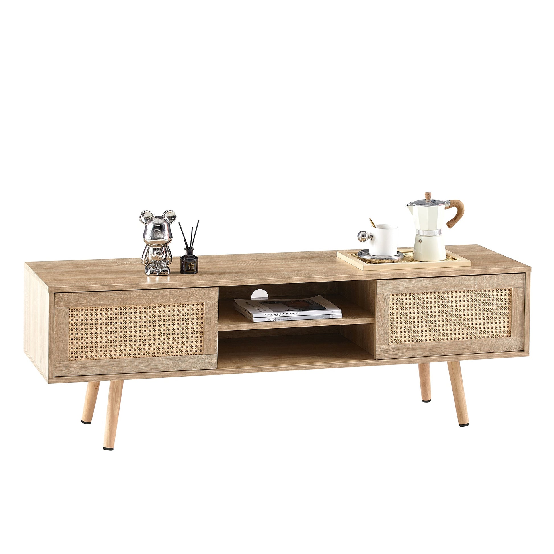55.12" Rattan TV cabinet double sliding doors for storage adjustable shelf solid wood legs TV console for living room natural - Korvel