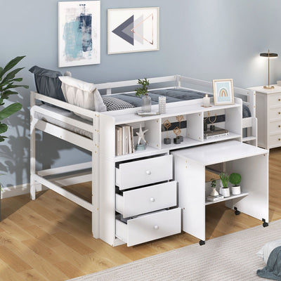 Full Size Low Loft Bed with Rolling Portable Desk, Drawers and Shelves, White - Korvel