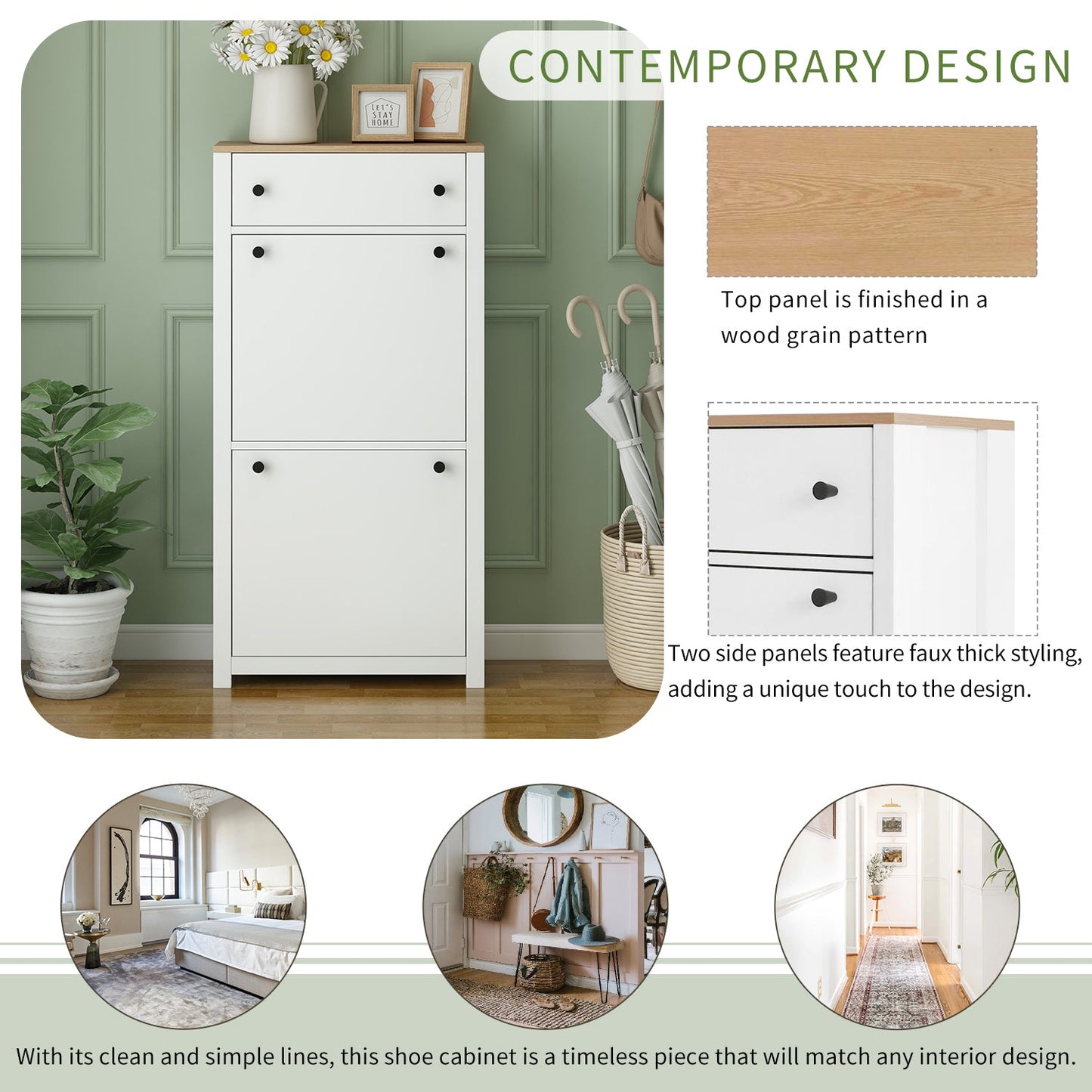 ONTREND with 2 flip drawers, top shoe cabinet with drawers, independent shoe rack with adjustable panel, white - Korvel
