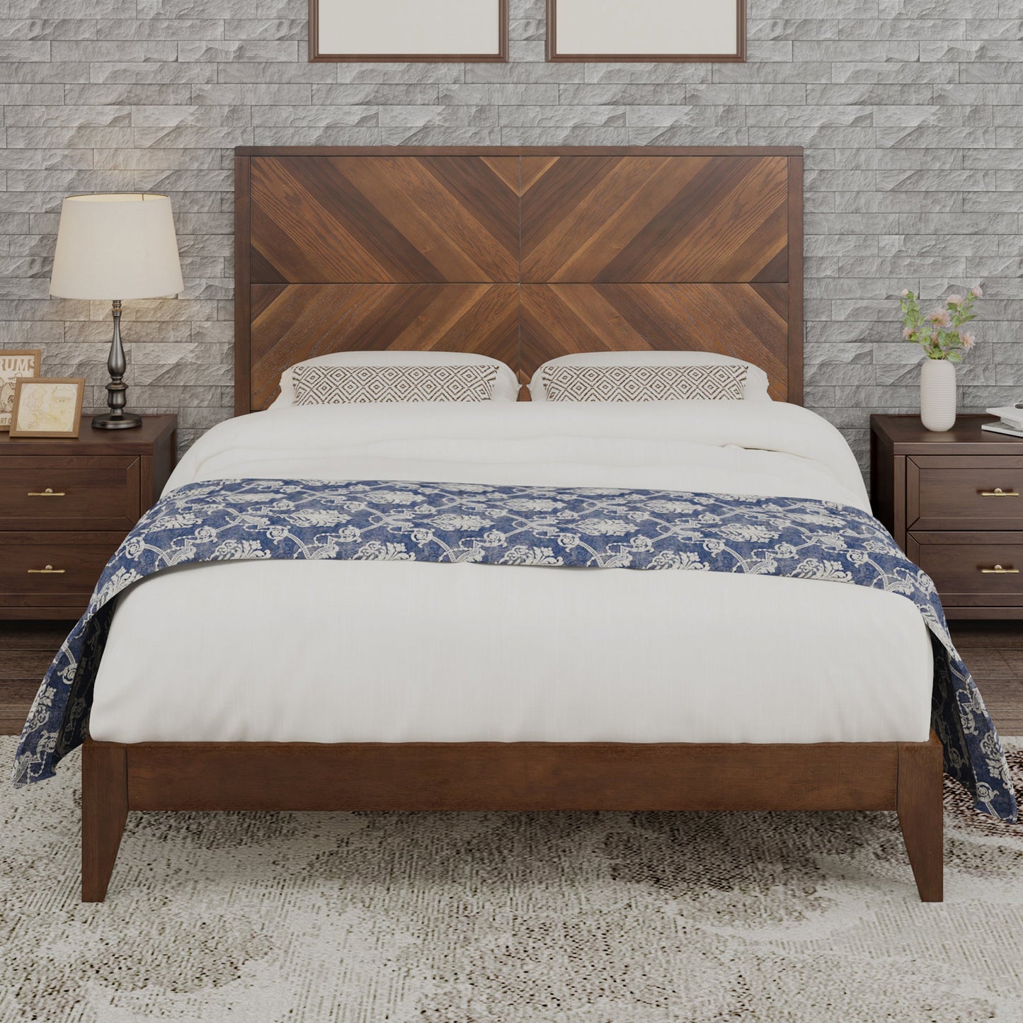 Mid-Century Modern Platform Bed Wood Slat Support with No Box Spring Needed,Queen, Walnut - Korvel