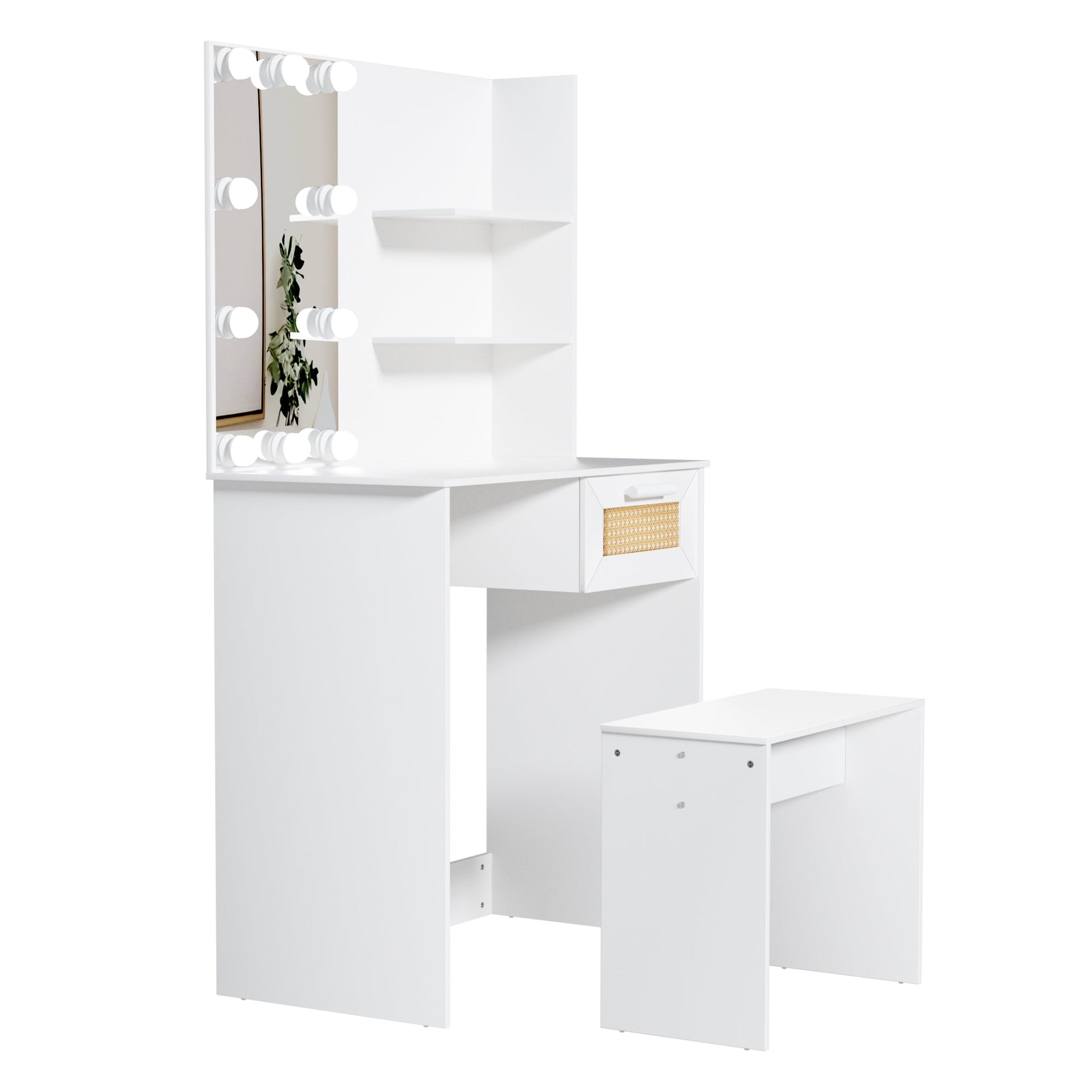 Vanity Desk Set Stool & Dressing Table with LED Lighting Mirror Drawer and Wood Cosmetic Table Chest of Drawers White Color - Korvel