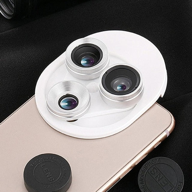 3 In 1 Mobile Phone Lens Set Professional Integral Turntable External Use Wide Angle + Fish Eye + Macro Camera Lens Set - Korvel