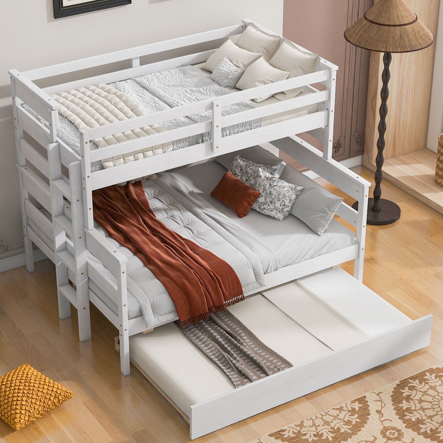 Wood Twin over Full Bunk Bed with Twin Size Trundle  White - Korvel