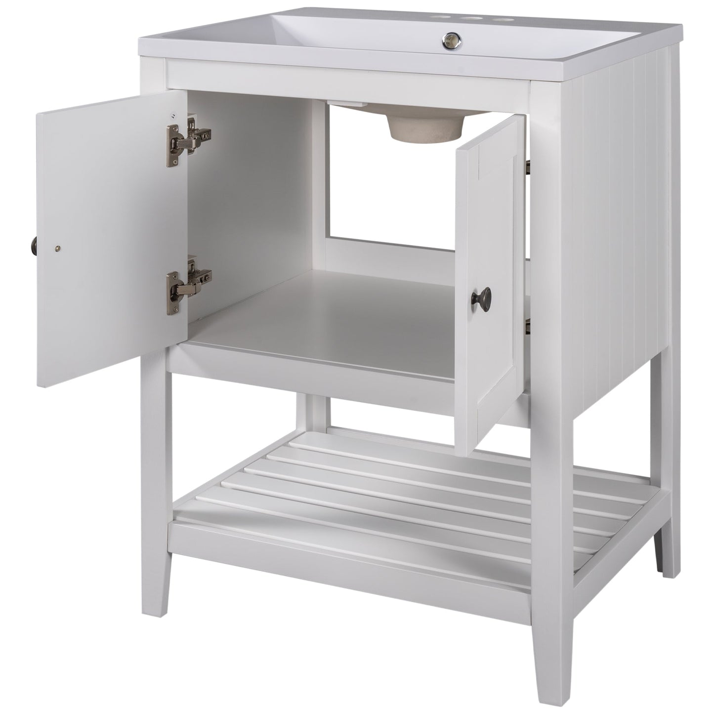 24" White Modern Sleek Bathroom Vanity Elegant Ceramic Sink with Solid Wood Frame Open Style Shelf - Korvel