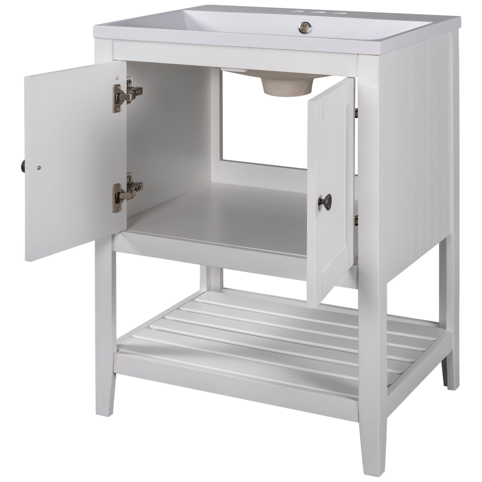 24" White Modern Sleek Bathroom Vanity Elegant Ceramic Sink with Solid Wood Frame Open Style Shelf - Korvel
