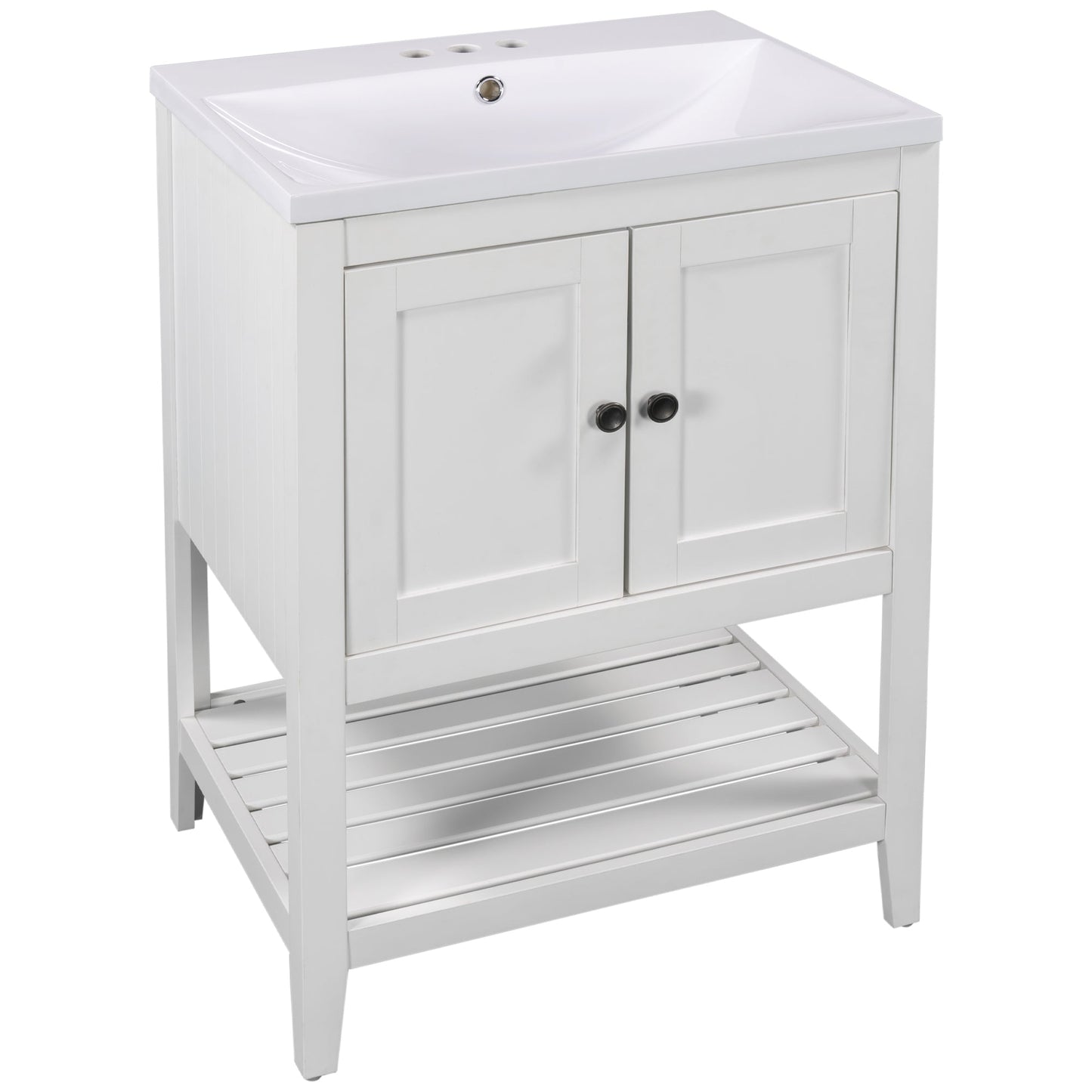 24" White Modern Sleek Bathroom Vanity Elegant Ceramic Sink with Solid Wood Frame Open Style Shelf - Korvel