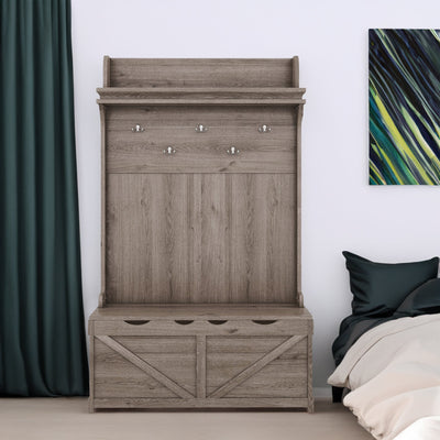 Hall tree with storage desk, entrance desk with drawers and 5 hooks, display rack,Oak - Korvel