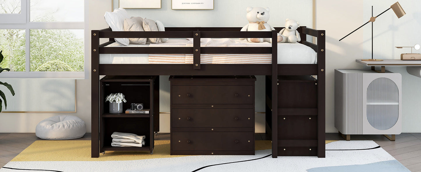 Low Study Full Loft Bed with Cabinet Shelves and Rolling Portable Desk Multiple Functions Bed- Espresso - Korvel