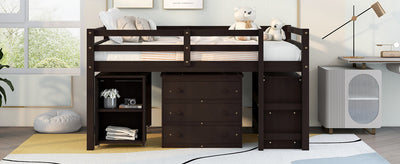 Low Study Full Loft Bed with Cabinet Shelves and Rolling Portable Desk Multiple Functions Bed- Espresso - Korvel
