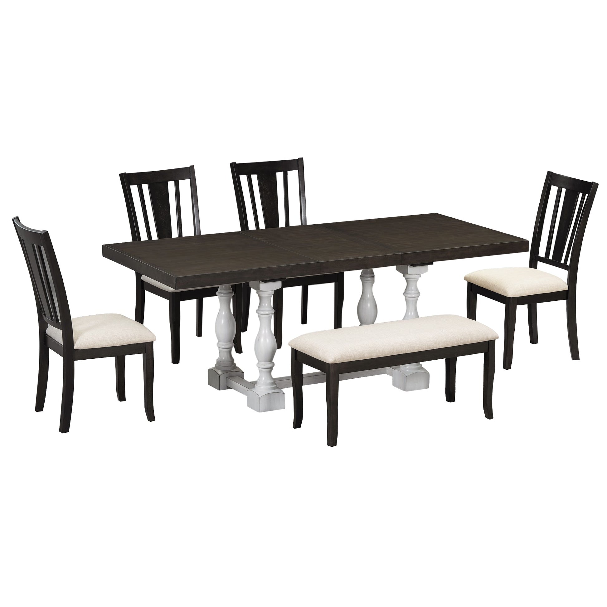 Traditional 6-Piece 78inch Trestle Extendable Dining Table Set with One 18inch Removable Leaf Distressed White - Korvel