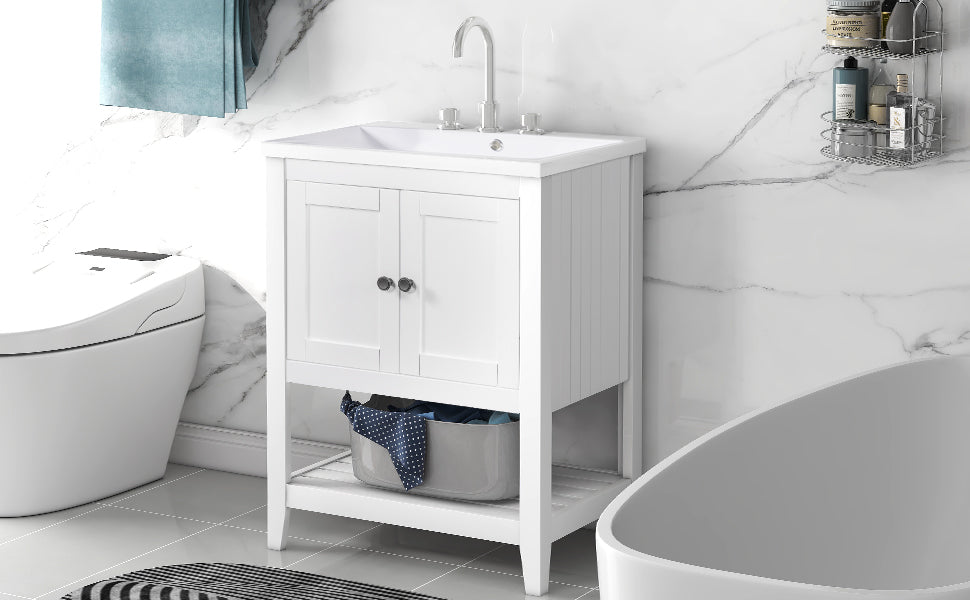24" White Modern Sleek Bathroom Vanity Elegant Ceramic Sink with Solid Wood Frame Open Style Shelf - Korvel
