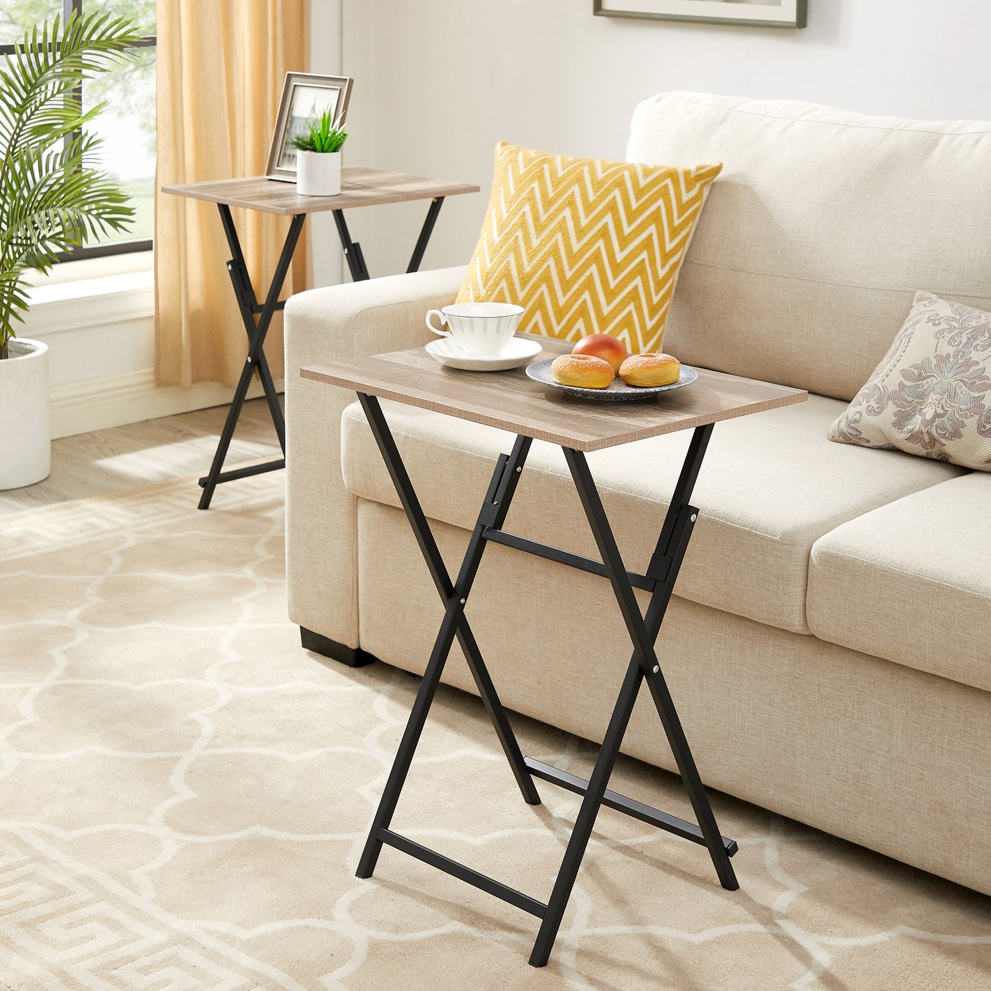 2-piece folding TV tray table without assembly, portable sofa side table, brown and black - Korvel