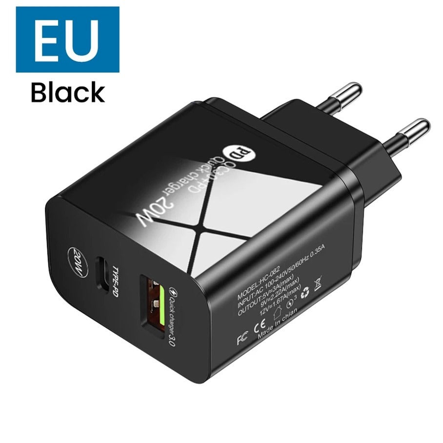 PD12W charger 5V 2.4A European, American and British standard charging head Type-C adapter PD+USB charging head - Korvel