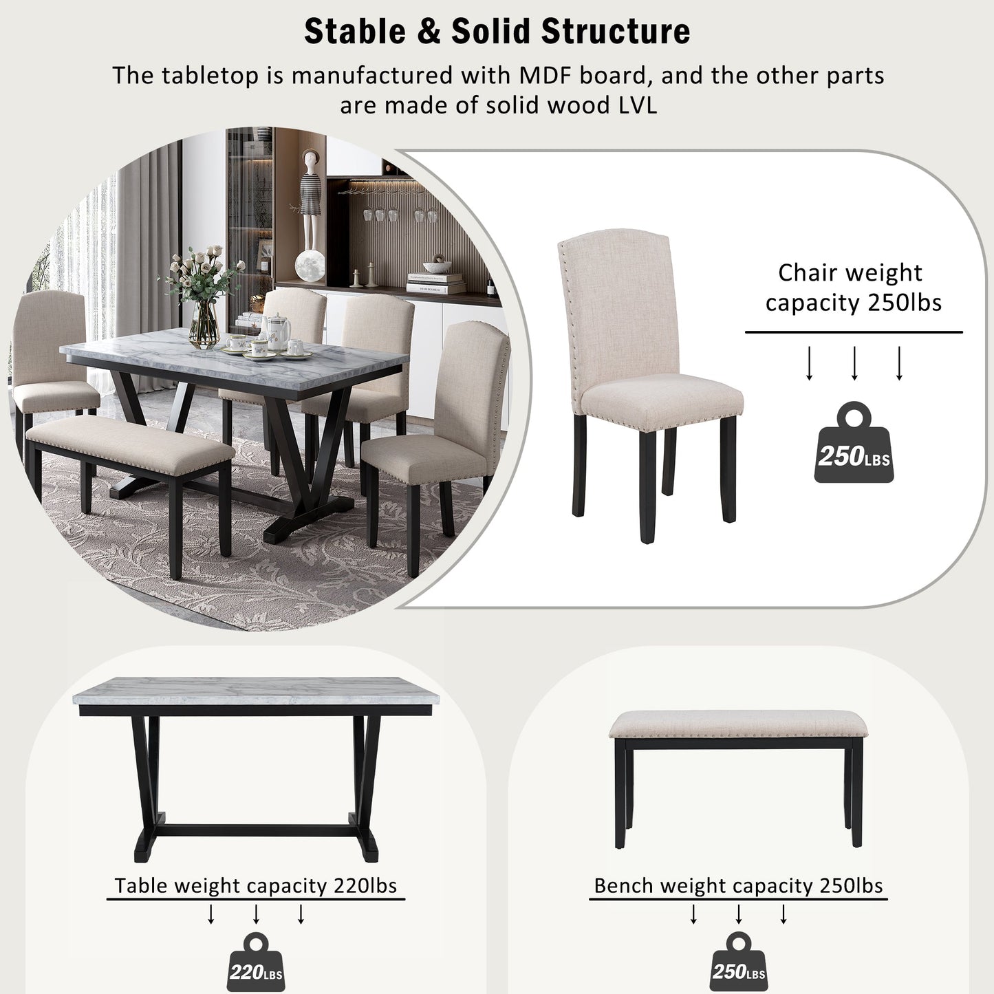 Ensemble de salle à manger moderne TREXM en 6 pièces avec table, chaises et banc