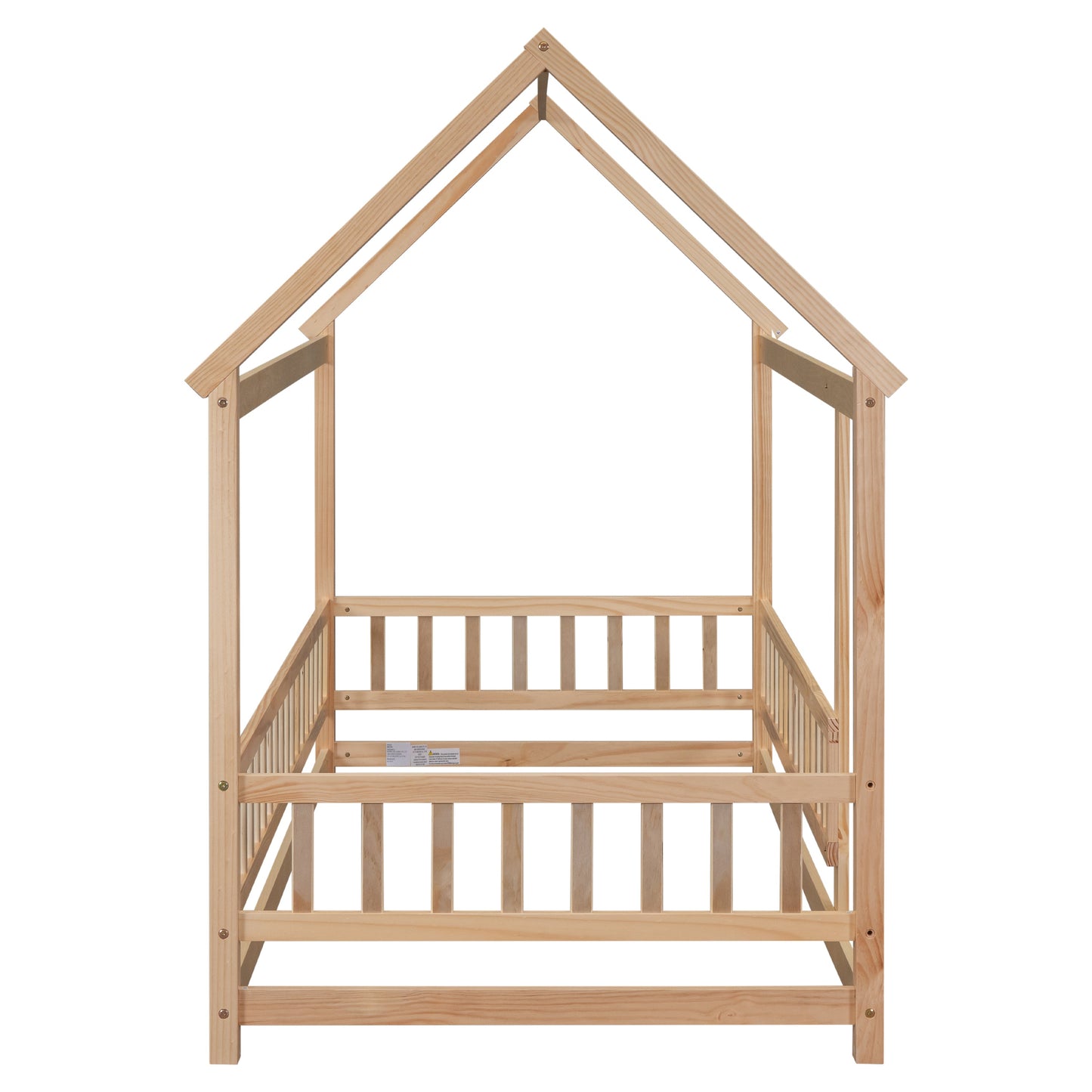 Lit en bois taille twin avec cadre de toit de maison et barrières de sécurité