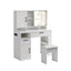 Vanity table with large sliding lighted mirror dressing table with 2 drawers storage shelves and upholstered stool white color - Korvel