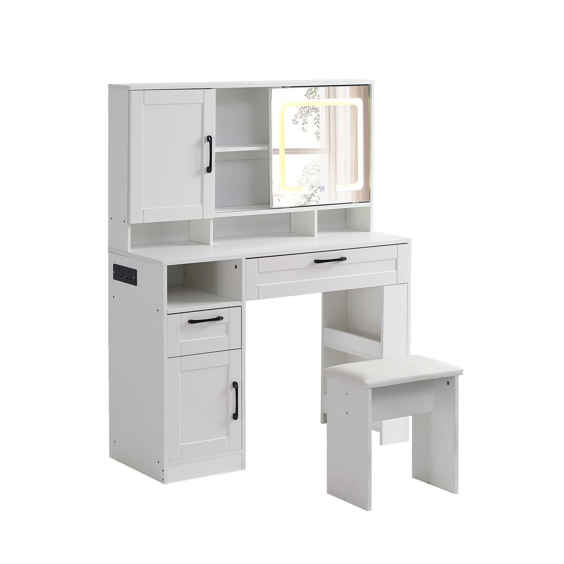 Vanity table with large sliding lighted mirror dressing table with 2 drawers storage shelves and upholstered stool white color - Korvel