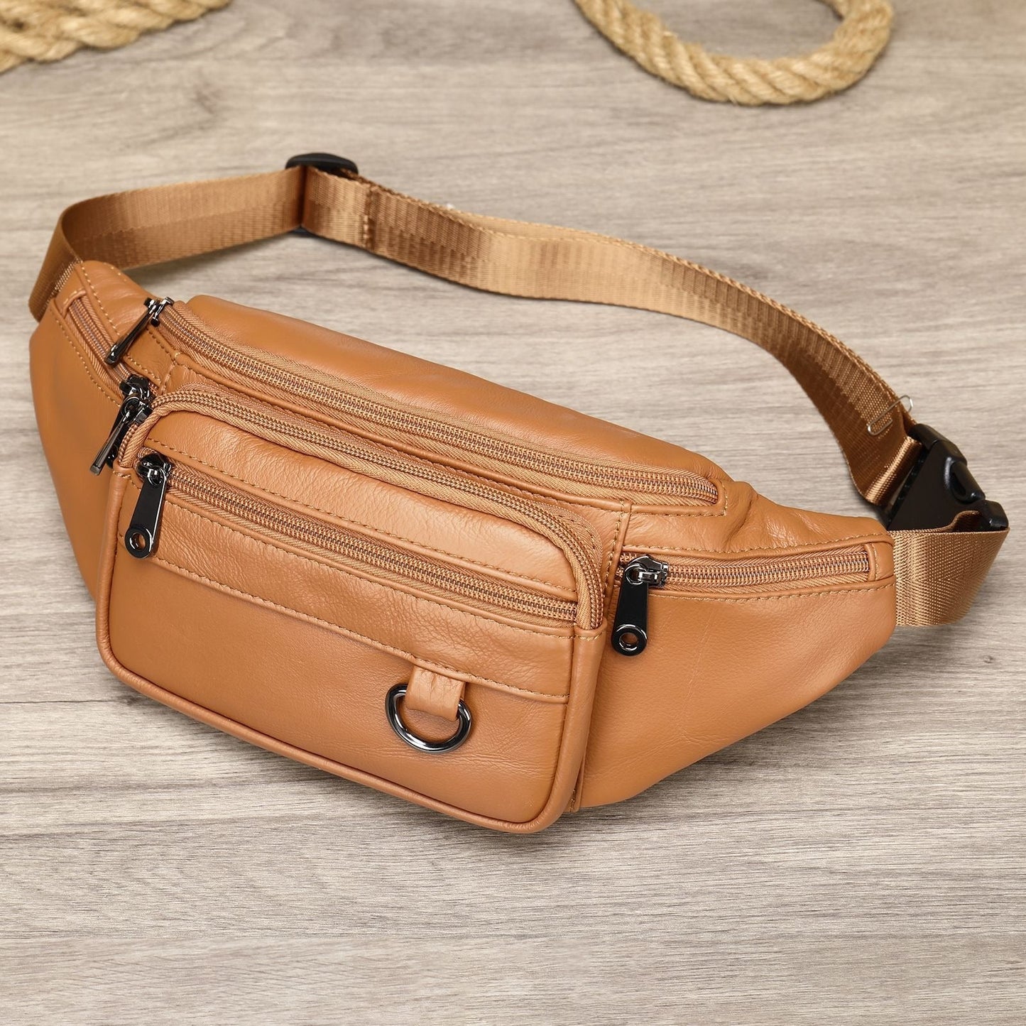 Men's sheepskin waist bag outdoor black mobile phone sheepskin bag leisure sports crossbody chest bag - Korvel