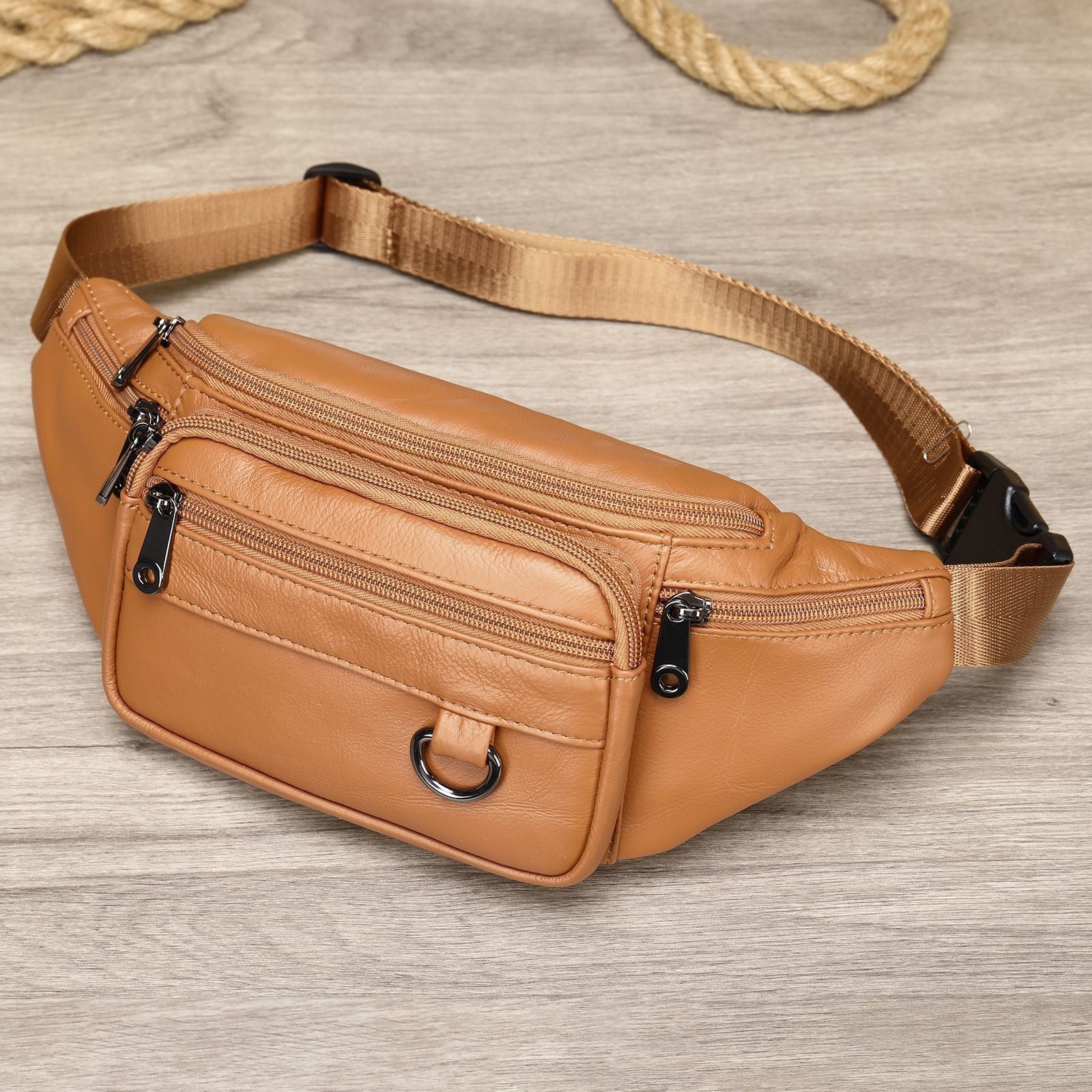 Men's sheepskin waist bag outdoor black mobile phone sheepskin bag leisure sports crossbody chest bag - Korvel