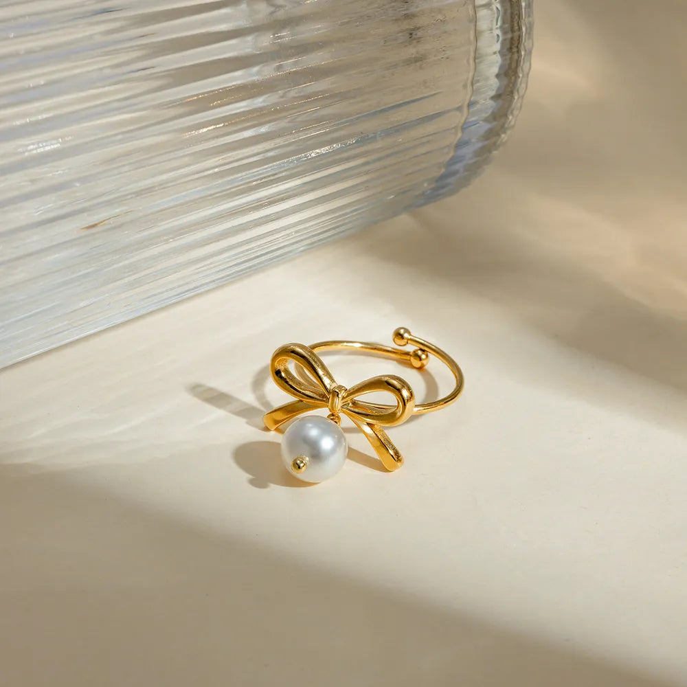 Elegant Stainless Steel Pearl Bow Ring