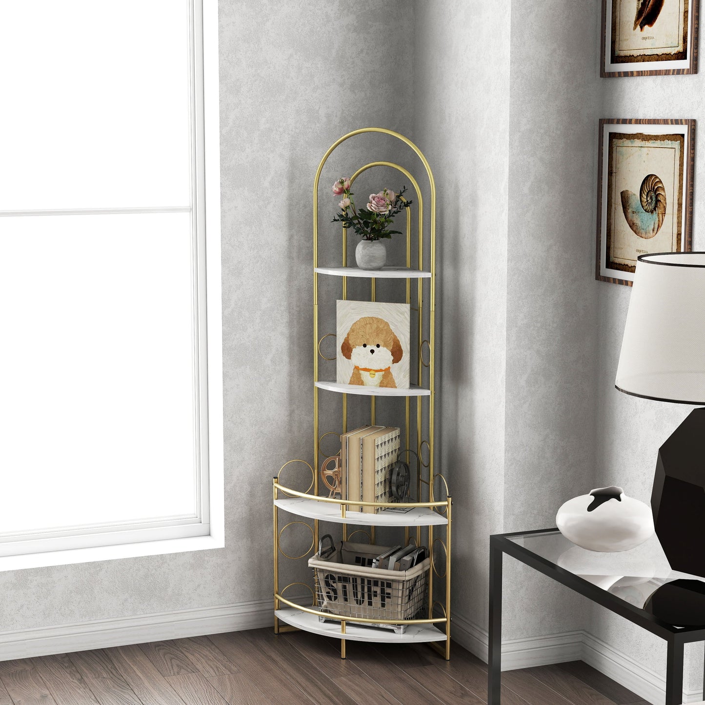 Gold 4-Tier Corner Bookshelf, Modern Style, Plant Stand with Metal Frame - Korvel
