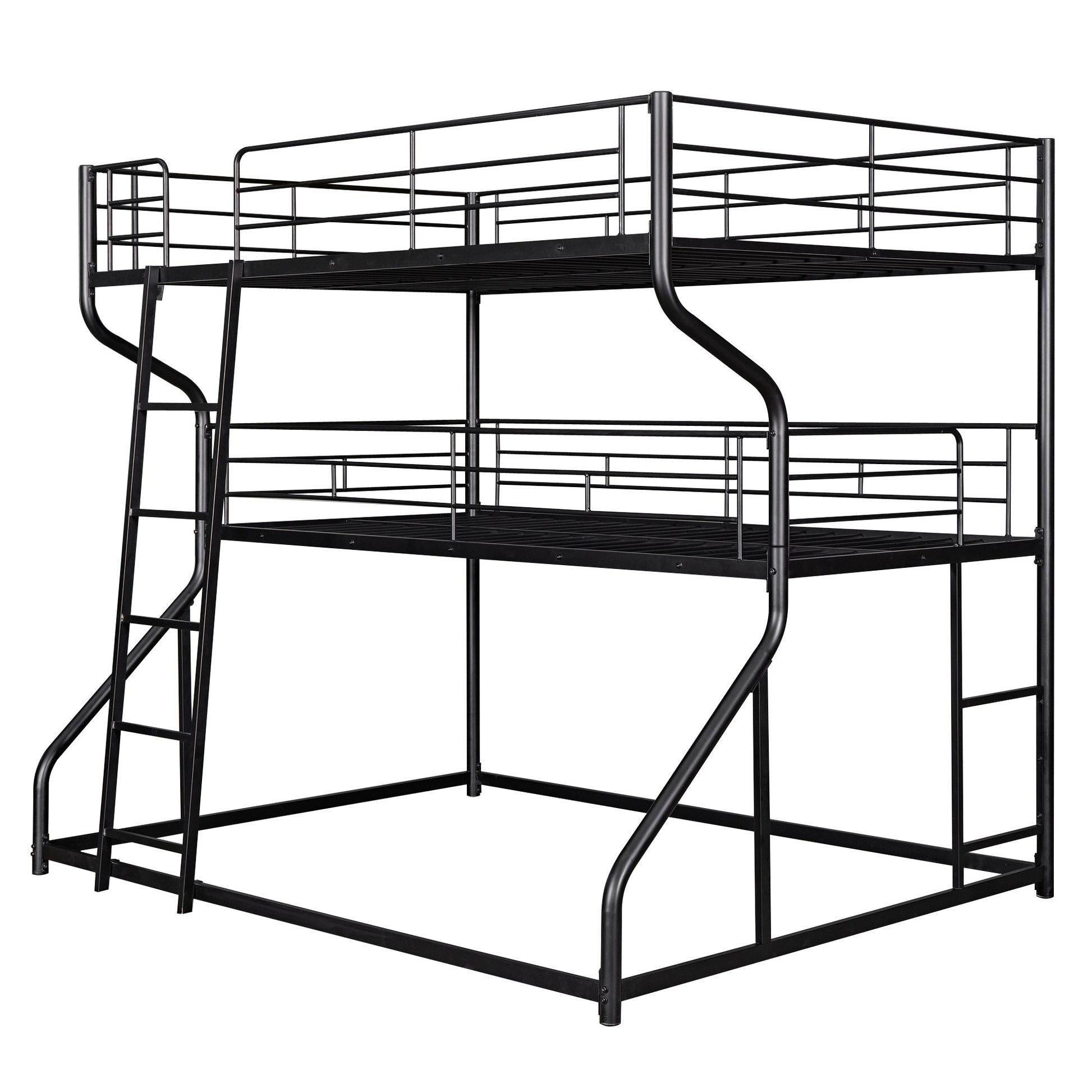 Full XL over Twin XL over Queen Size Triple Bunk Bed with Long and Short Ladder,Black - Korvel