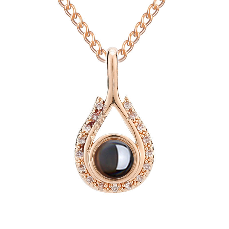 Waterdrop shaped fashion projection necklace with 100 languages. I love you. Color photos, customized lover accessories - Korvel
