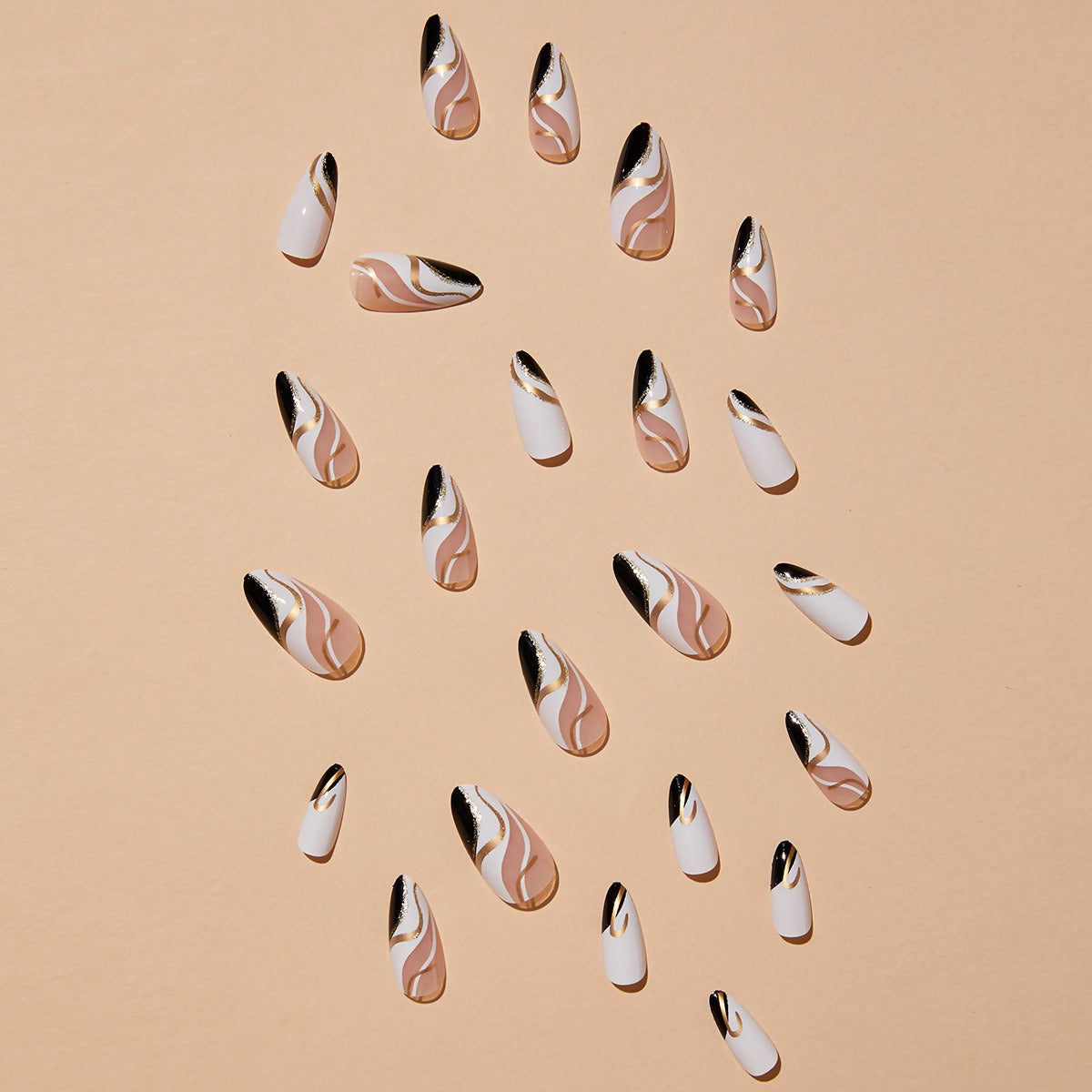 Almond-shaped French edge manicure, mandarin duck color gold corrugated fake nails finished product - Korvel
