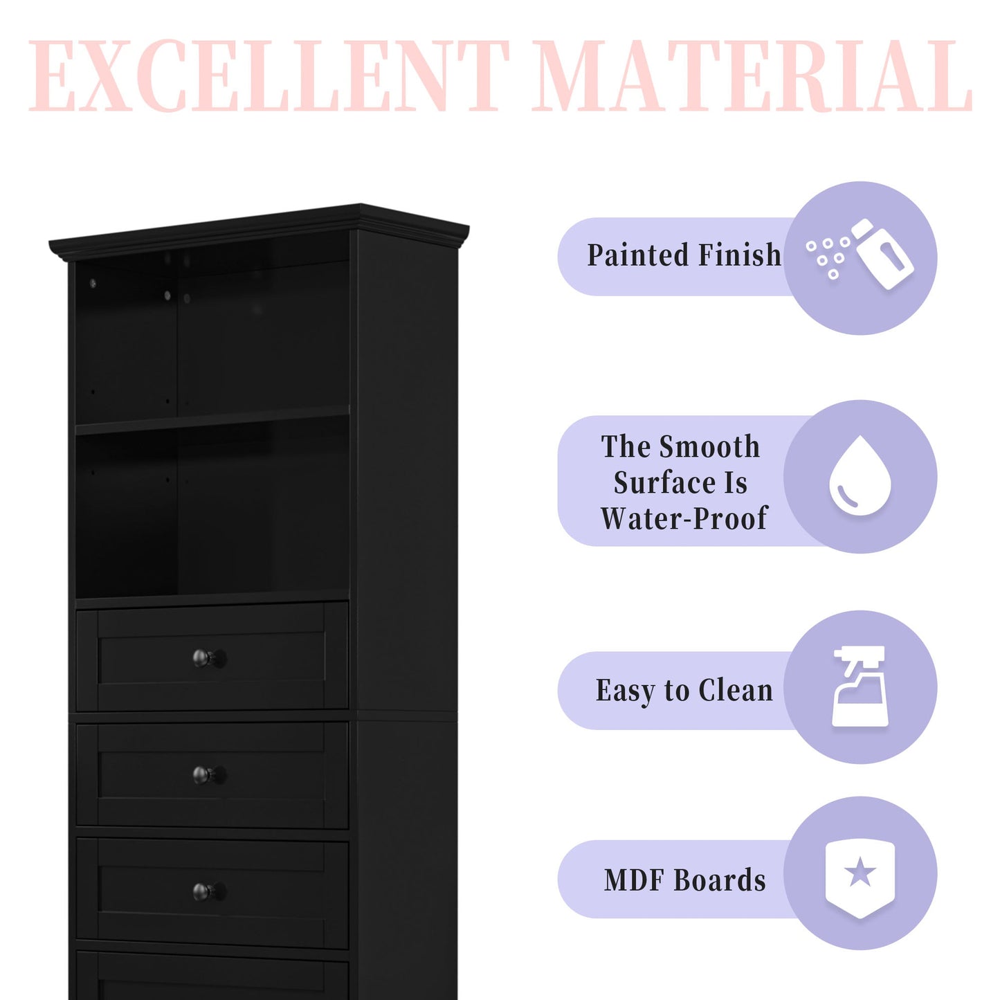 Elegant Black High Storage Cabinet with 3 Drawers